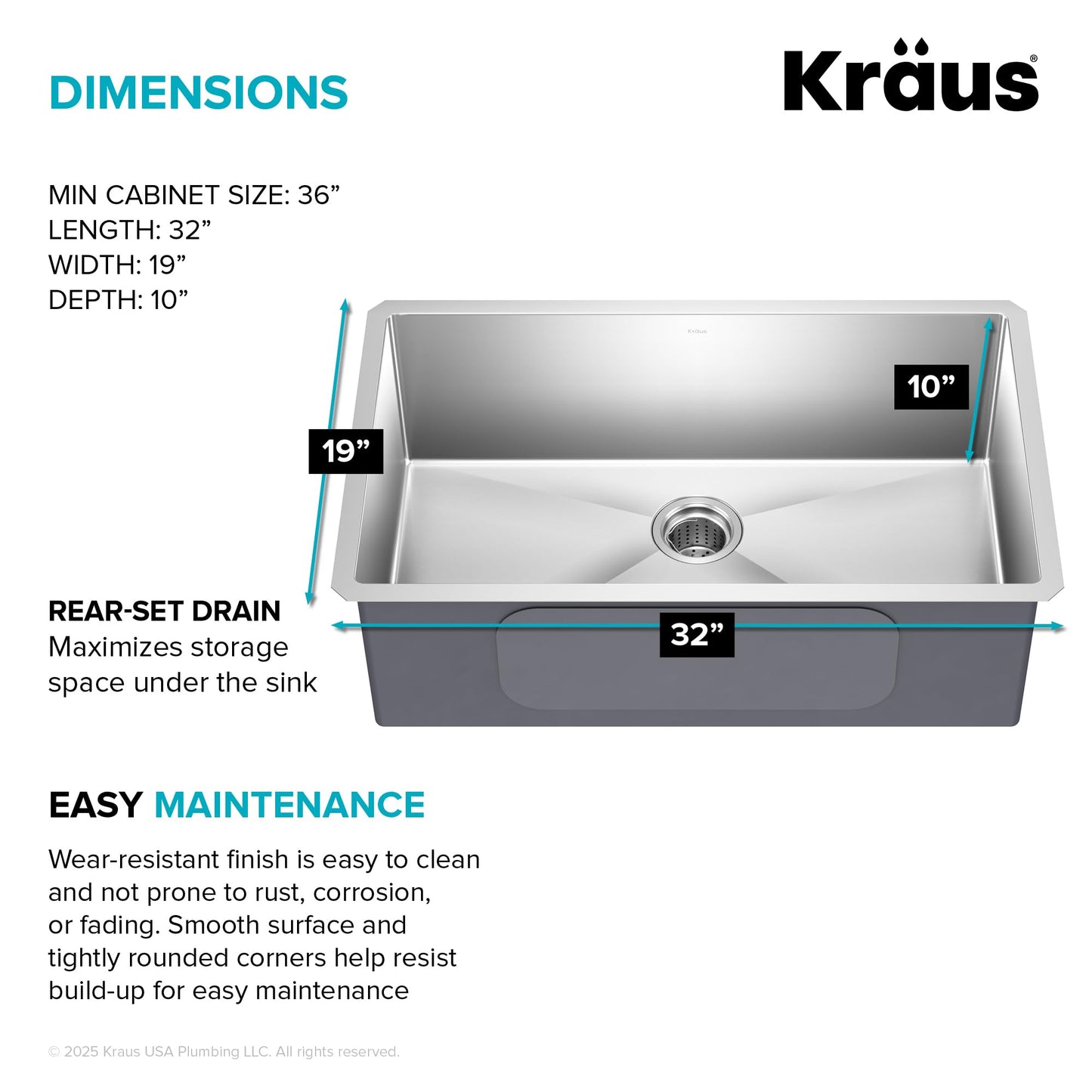 Kraus KHU100-32 Standart PRO 16 Gauge Undermount Single Bowl Stainless Steel Kitchen Sink, 32 Inch