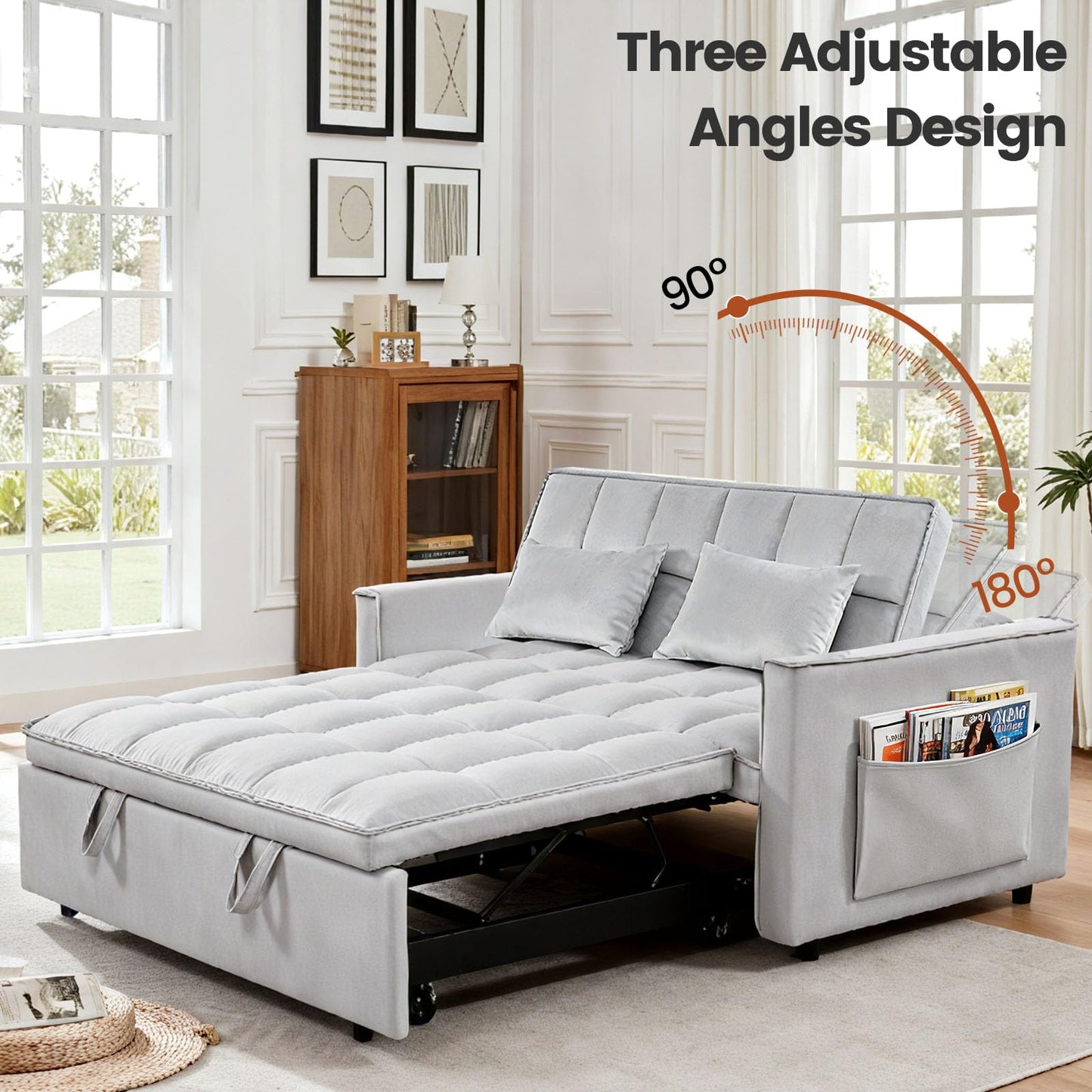Trygoal Convertible Sofa Bed, Pull Out Couch with Side Pockets, 3 in 1 Velvet Fabric Loveseat Sleeper Sofa Bed, Pull Out Couch with Adjustable Backrest for Living Room, Bedroom, Apartment, Light Gray