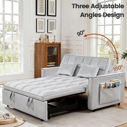 Trygoal Convertible Sofa Bed, Pull Out Couch with Side Pockets, 3 in 1 Velvet Fabric Loveseat Sleeper Sofa Bed, Pull Out Couch with Adjustable Backrest for Living Room, Bedroom, Apartment, Light Gray