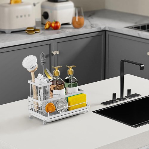 Cisily Stainless Steel Kitchen Sink Caddy - Rustproof Organizer & Non-Slip Soap Dish Holder | White