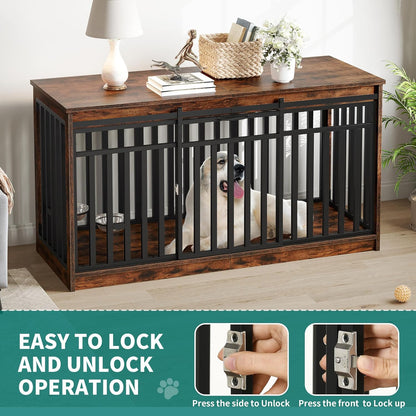YITAHOME 55 Inch Large Dog Crate Furniture, Heavy Duty Wooden Dog Crate TV Stand with 2 Dog Bowls, Metal Dog Kennel Indoor Furniture Sliding Barn Door Design for Extra Large Dogs, Rustic Brown