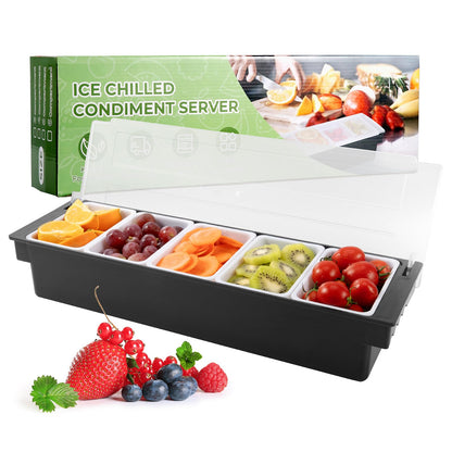 WICHEMI Fruit, Veggie & Condiment Caddy with Lid Dispenser Tray Plastic Garnish Station for Bartending & Serving Taco, Ice Cream, Salad Bar - Topping Organizer for Restaurant Supplies (5 Compartment)