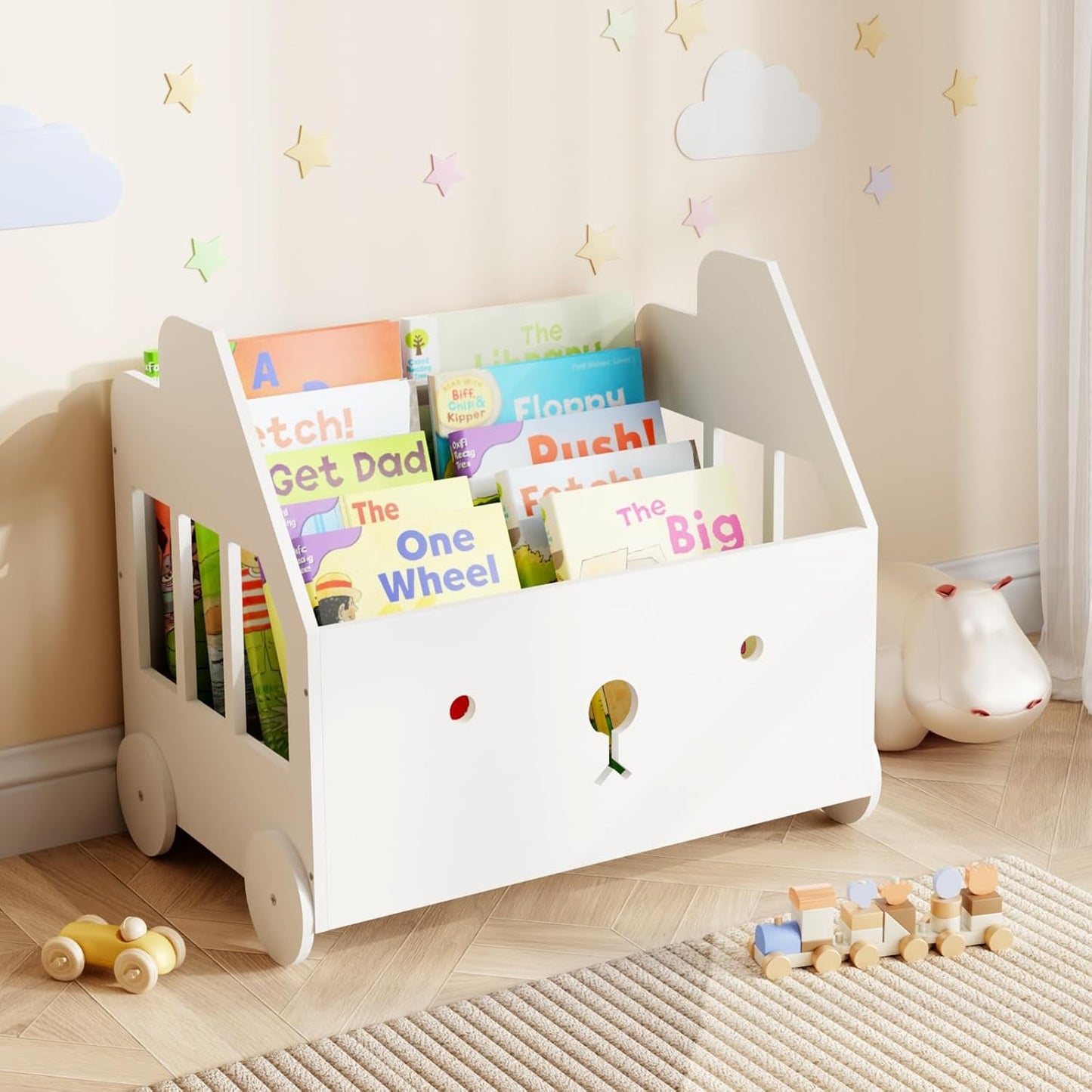 Jomzuci 4 Wooden Kids Bookshelf Bookcase, Toddler Montessori Bookshelf, Nursery Book Shelves with Adjustable Dividers