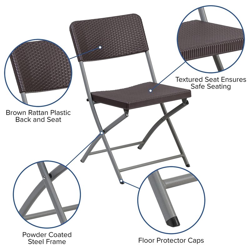 Flash Furniture 2 Pack HERCULES Series Brown Rattan Plastic Folding Chair with Gray Frame