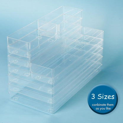 LotFancy Clear Drawer Organizers, Set of 3, 12” x 3” x 2” Plastic Storage Bins for Desk, Bathroom, and Makeup