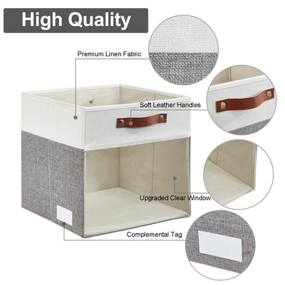 Bagnizer Storage Cubes, 4 Pack Linen Foldable Storage Bins (13 x 13 inch) with Clear Window and 2 Handles, Closet Organizers and Storage for Shelf Closet, Clothes, Books - (Gray and White)