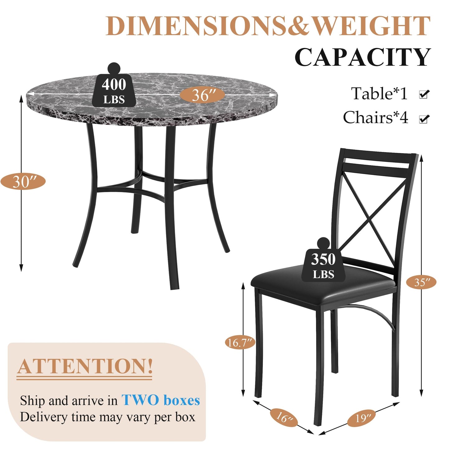 VECELO 5 Piece Dining Table Set for 4, Faux Marble Dinette with Chairs for Kitchen, Breakfast Nook, Small Space, Pure Black