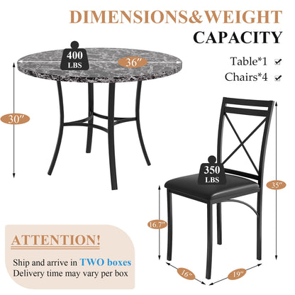 VECELO 5 Piece Dining Table Set for 4, Faux Marble Dinette with Chairs for Kitchen, Breakfast Nook, Small Space, Pure Black