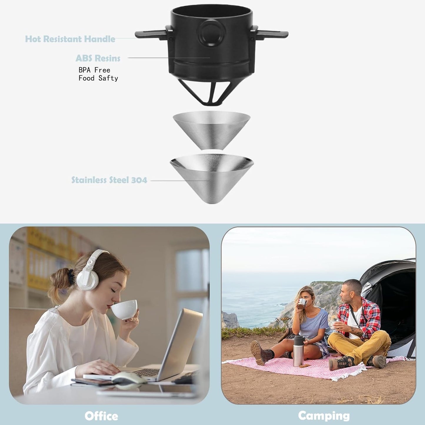 Pour Over Coffee Dripper, Reusable Stainless Steel Filters, Mini Collapsible Single Serve Coffee Maker for Home,