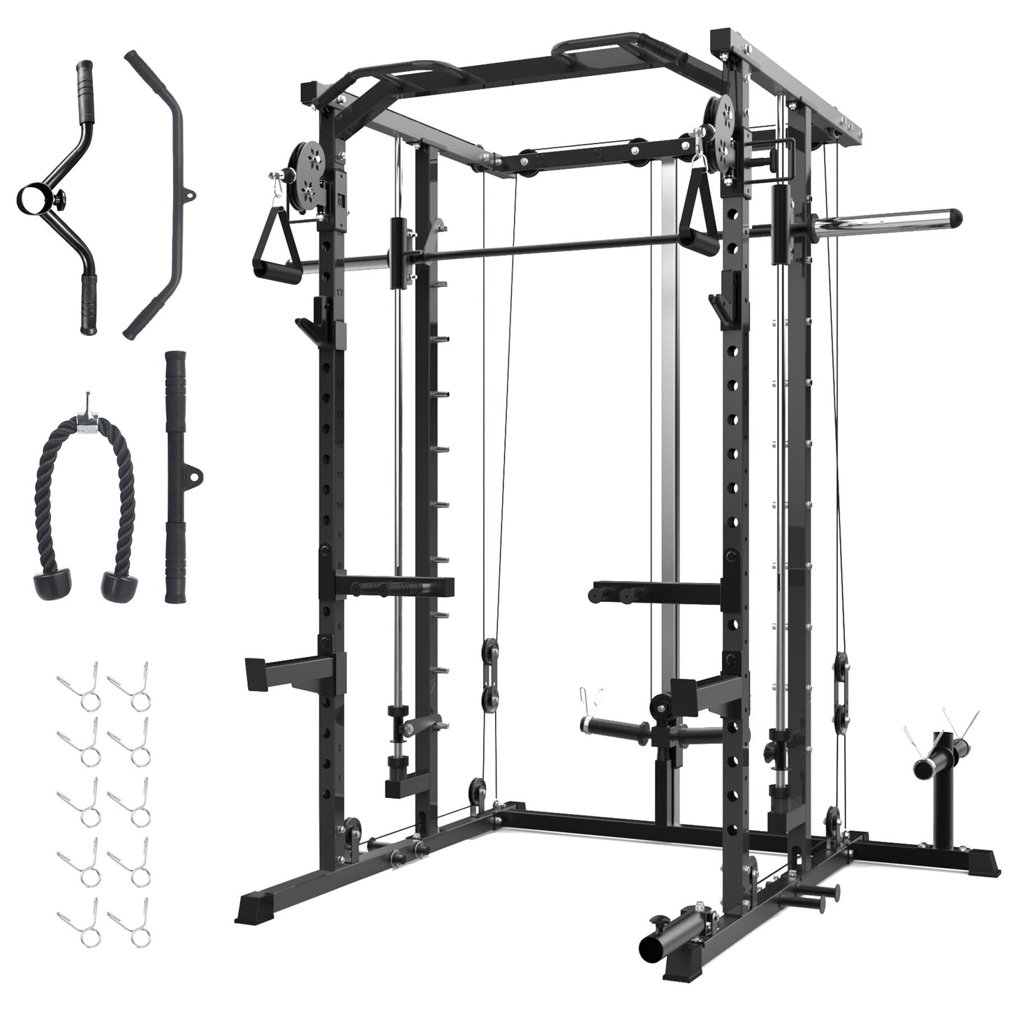 Garvee Power Cage, Smith Machine Squat Rack, Heavy Duty Power Rack for Home Gym with Pulley System, Dip Bar, LAT Pulldown, Multifunctional Squat Rack for Home Gym