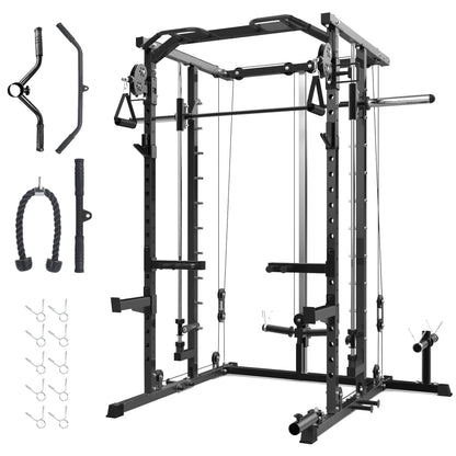 Garvee Power Cage, Smith Machine Squat Rack, Heavy Duty Power Rack for Home Gym with Pulley System, Dip Bar, LAT Pulldown, Multifunctional Squat Rack for Home Gym