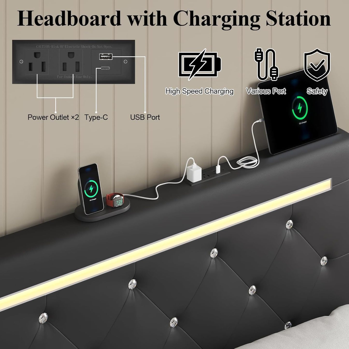 FammyLoft Queen Size Bed Frame, PU Upholstered Bed Frame with RGB LED and 4 Storage Drawers, Platform Bed Frame with Adjustable Headboard, Charging Outlet, Diamond Crystal Button, Black
