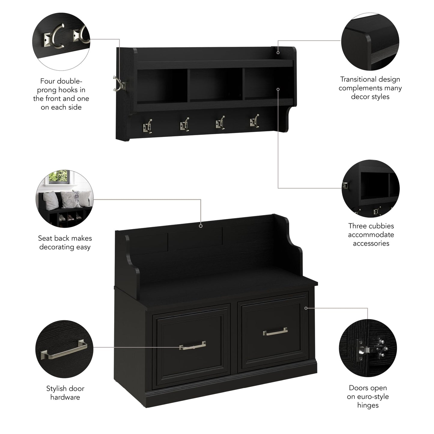 Bush Home Woodland 40W Entryway Bench with Doors and Wall Mounted Coat Rack in Black Suede Oak | Mudroom Shoe Storage, Clothing Organizer