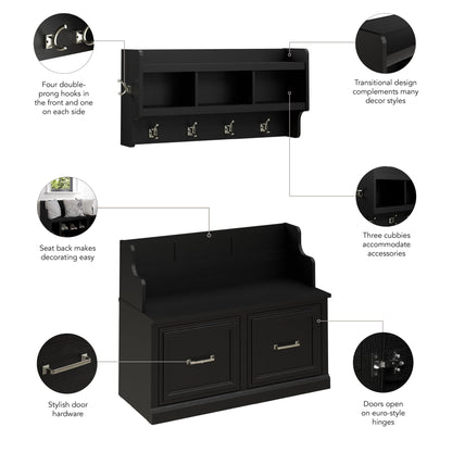 Bush Home Woodland 40W Entryway Bench with Doors and Wall Mounted Coat Rack in Black Suede Oak | Mudroom Shoe Storage, Clothing Organizer