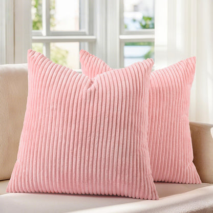 Pack of 2 Sakura Pink Corduroy Decorative Throw Pillow Covers 18x18 Inch Striped Spring Cushion Covers Cozy Boho Pillowcase Farmhouse Home Decor Soft Accent Cushion Case for Couch Sofa Bed 45x45 cm