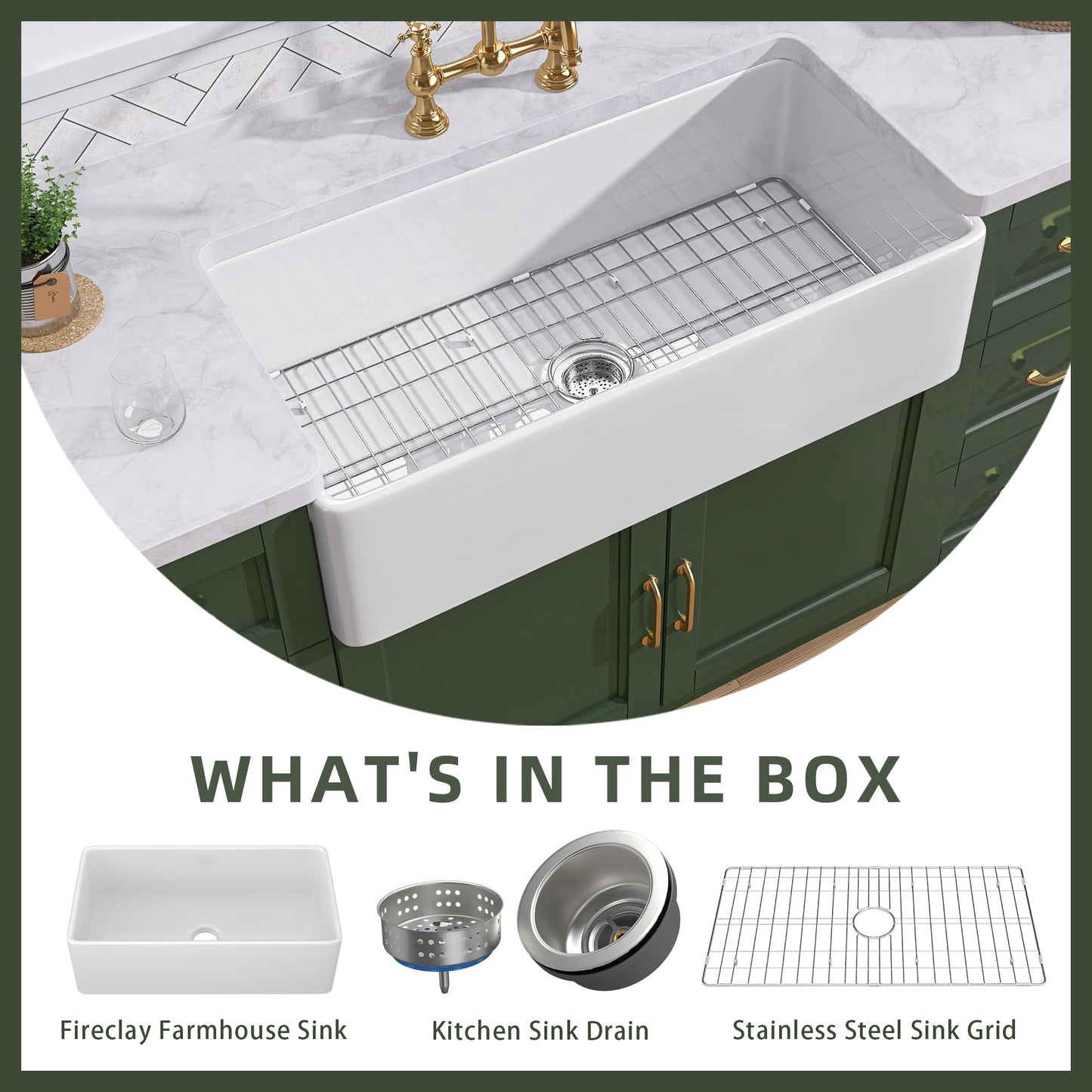 TUKTUK White Farmhouse Sink 33 inch Fireclay Apron Front Farm House Kitchen Sink Single Bowl Deep Drop In Undermount Reversible Heavy Duty Easy to Clean Porcelain Kitchen Basin Modern Luxury Accessory