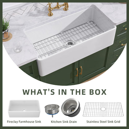 TUKTUK White Farmhouse Sink 33 inch Fireclay Apron Front Farm House Kitchen Sink Single Bowl Deep Drop In Undermount Reversible Heavy Duty Easy to Clean Porcelain Kitchen Basin Modern Luxury Accessory