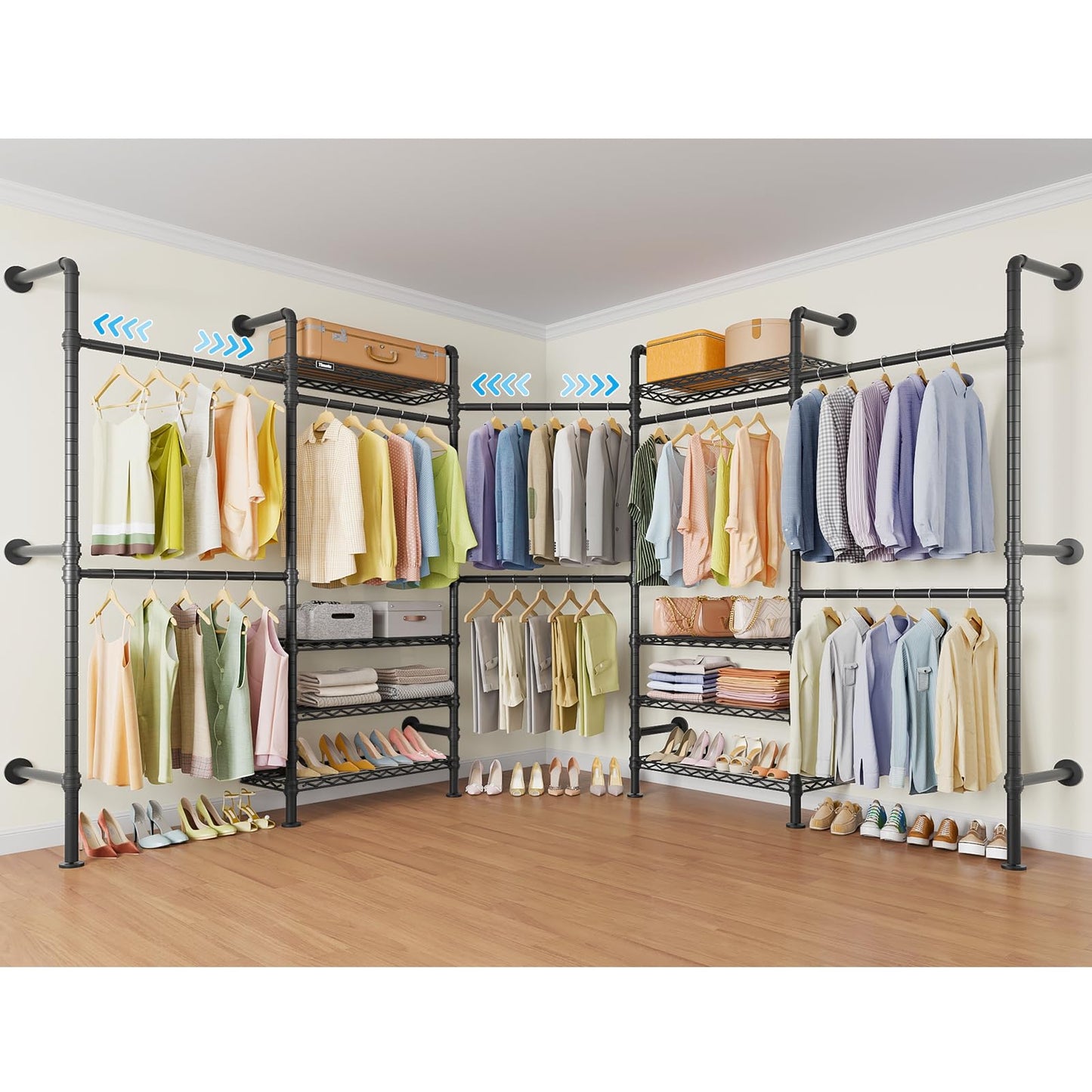 Timate L Shape Closet Rack Wall Mount for Corner, Heavy Duty Hanging Garment Rack Clothing Rack with 8 Adjustable Shelves & 4 Hanger Rods, Closet System for Hanging Clothes, Black