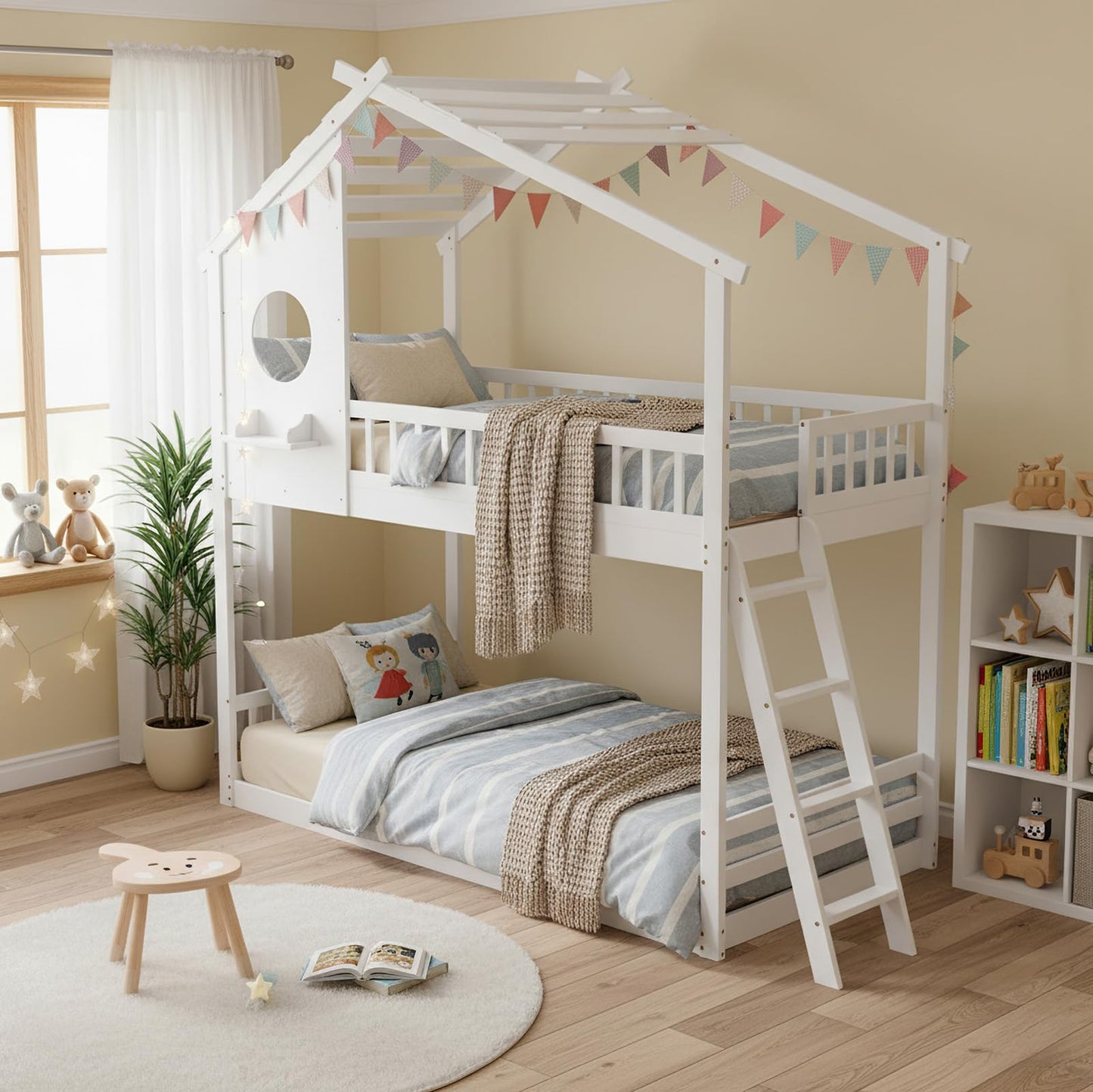 DUMOS Wood Twin Over Twin House Bunk Bed, Loft Bed with Ladder, Safety Guardrail, Wooden Slats & Window, Kids Twin Bed Frame for Teens Juniors, Freely Decorative House Roof