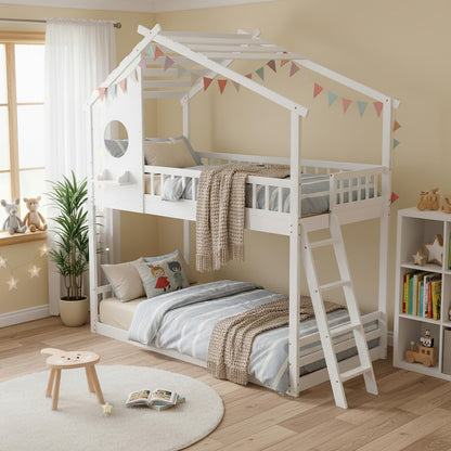 DUMOS Wood Twin Over Twin House Bunk Bed, Loft Bed with Ladder, Safety Guardrail, Wooden Slats & Window, Kids Twin Bed Frame for Teens Juniors, Freely Decorative House Roof