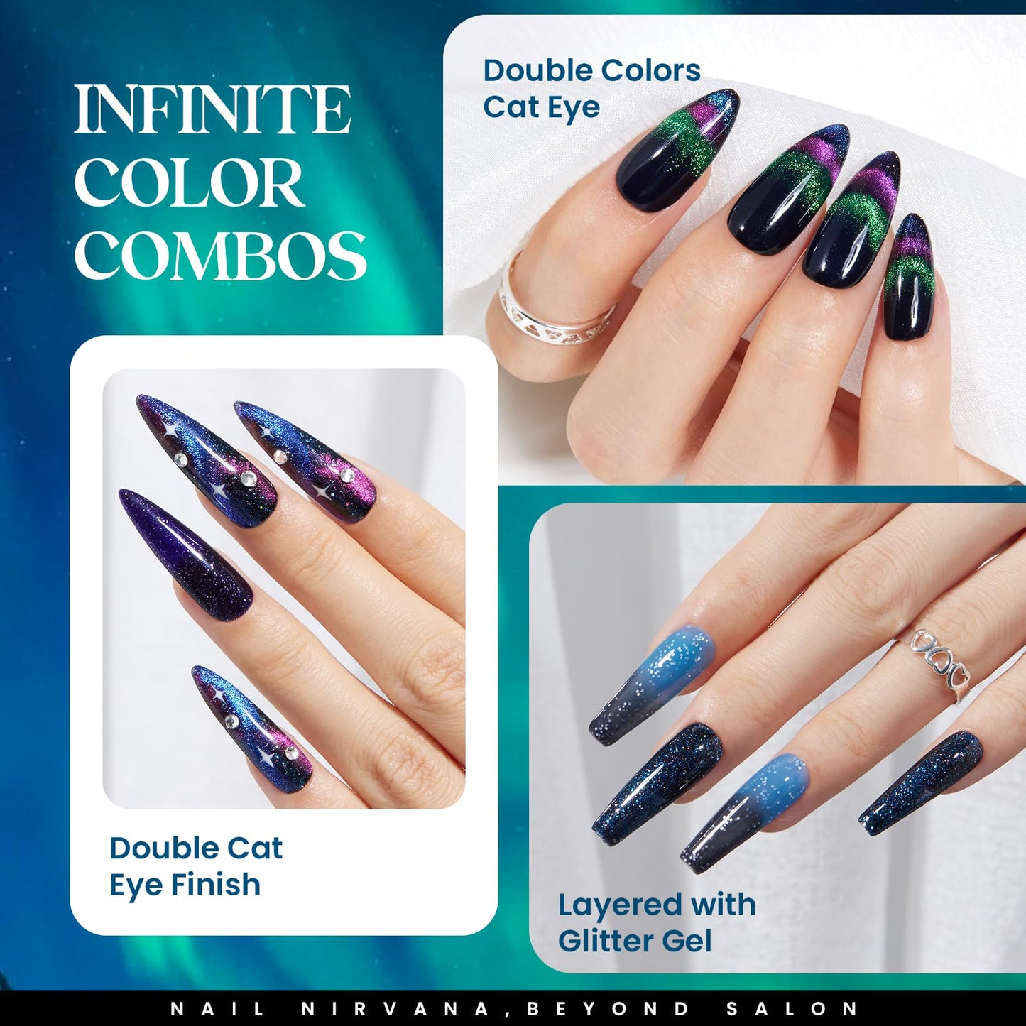 Beetles Cat Eye Gel Polish Set - 24Pcs 20 Colors Glitter Dark Color Changing Gel Nail Polish Kit with Base Gel Glossy Matte Top Coat Soak off UV DIY Nail Art Salon Ombre Black Nails Gift