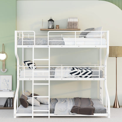 Merax Full XL Over Twin XL Over Queen Size Metal Triple Bunk Bed Frame with Ladder for Kids, Industrial Style Bunk Bed, Easy Assembly, No Box Spring Needed, for Kid's Room or Dormitory, White