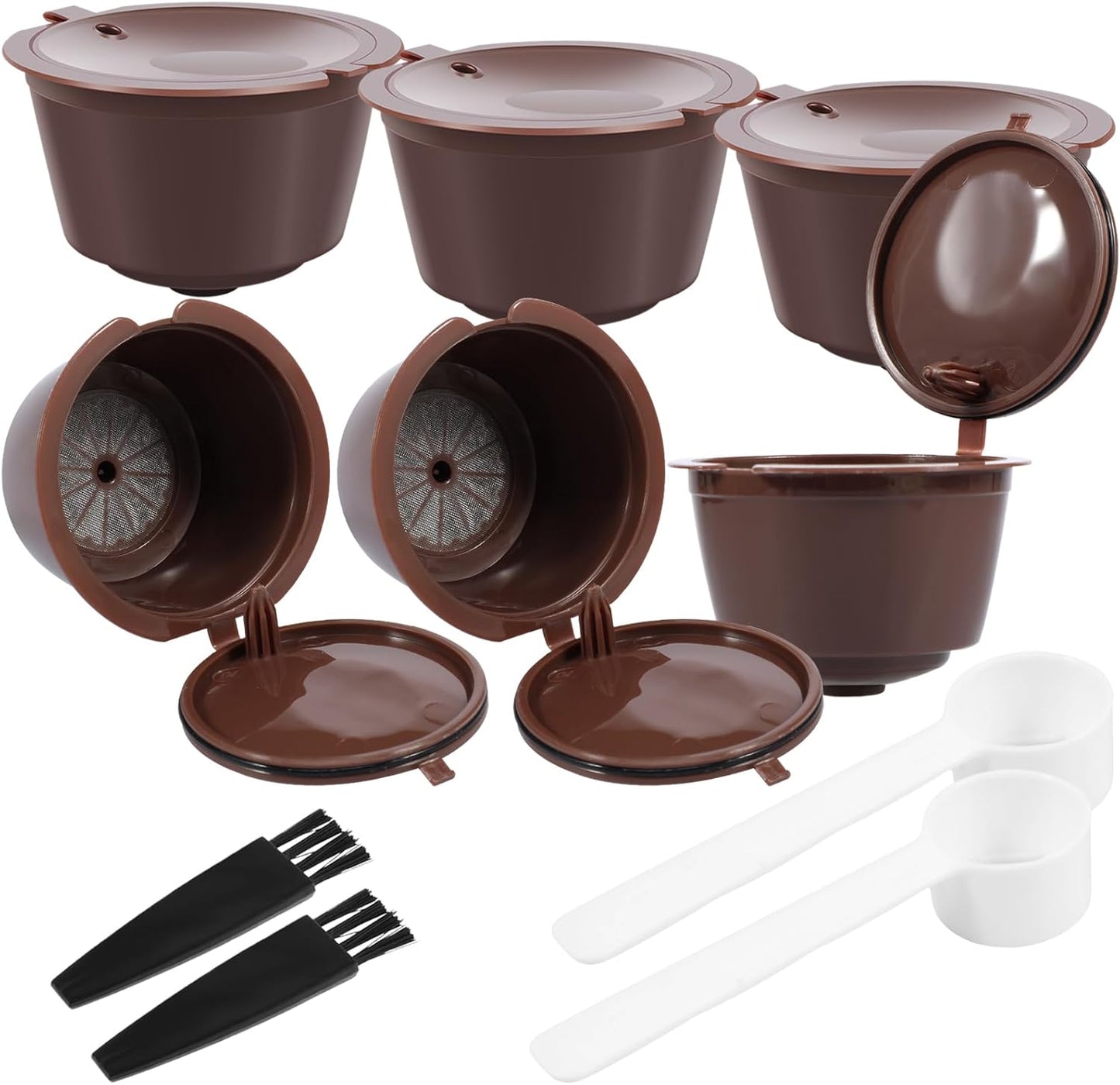 6 Pcs Refillable Coffee Pods Kit, 5.4x3.5 cm Food Grade PP Coffee Capsule with 2 Spoon and 2 Brush