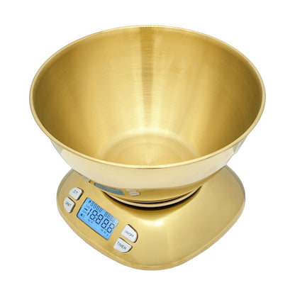 Stainless Steel Digital Kitchen Scale w. Bowl - for Food Coffee Lab - LCD Display gram Ounces lb:oz lb ml - 12 LBS/5.5 KG Capacity - Battery Included - Gold by The Display Guys