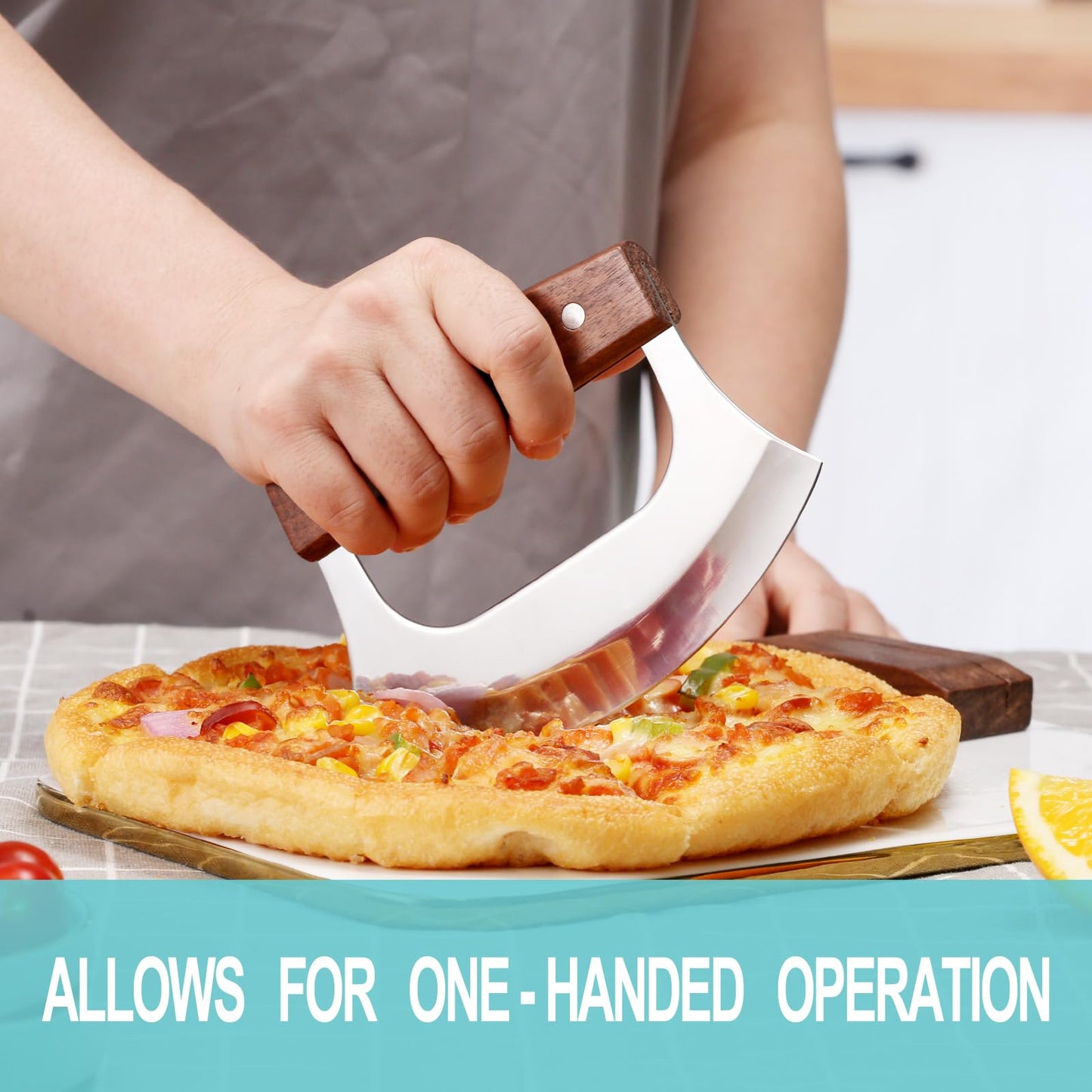 Coowolf Ulu Knife - Sharp Rocker Mezzaluna Knife with Stand for Cutter Pizza, Meat, Vegetables, Herb, Salad, Stainless Steel Blade, Walnut Wood Handle, Kitchen Essentials Accessories and Gadgets Tools