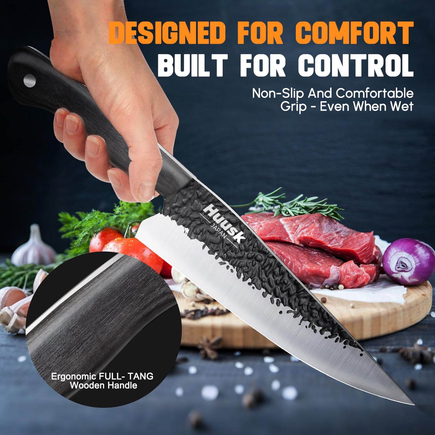 Huusk Chef Knife Japanese Kitchen - Hand Forged Viking Knife for Meat Cutting - Ideal Kitchen Knife Made From a Single Piece of High Carbon Steel Christmas Gift for Men and Women