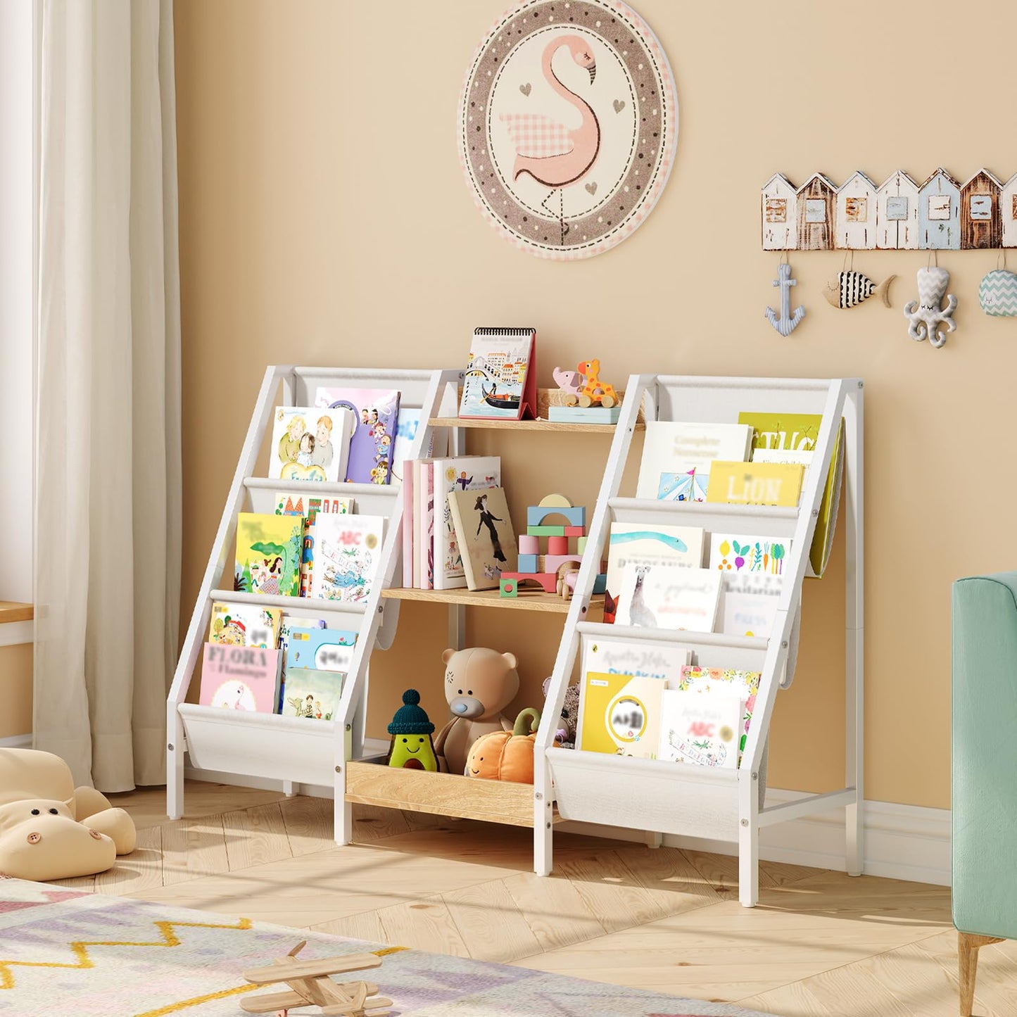 MAHANCRIS Kids Bookshelf and Toy Organizer, 3-Tier Bookshelf for Kids, Sturdy Kid Bookcase with Storage, Toddler Book Shelf for Kids Room, Playroom, Bedroom, Nursery, Natural BKBN34201