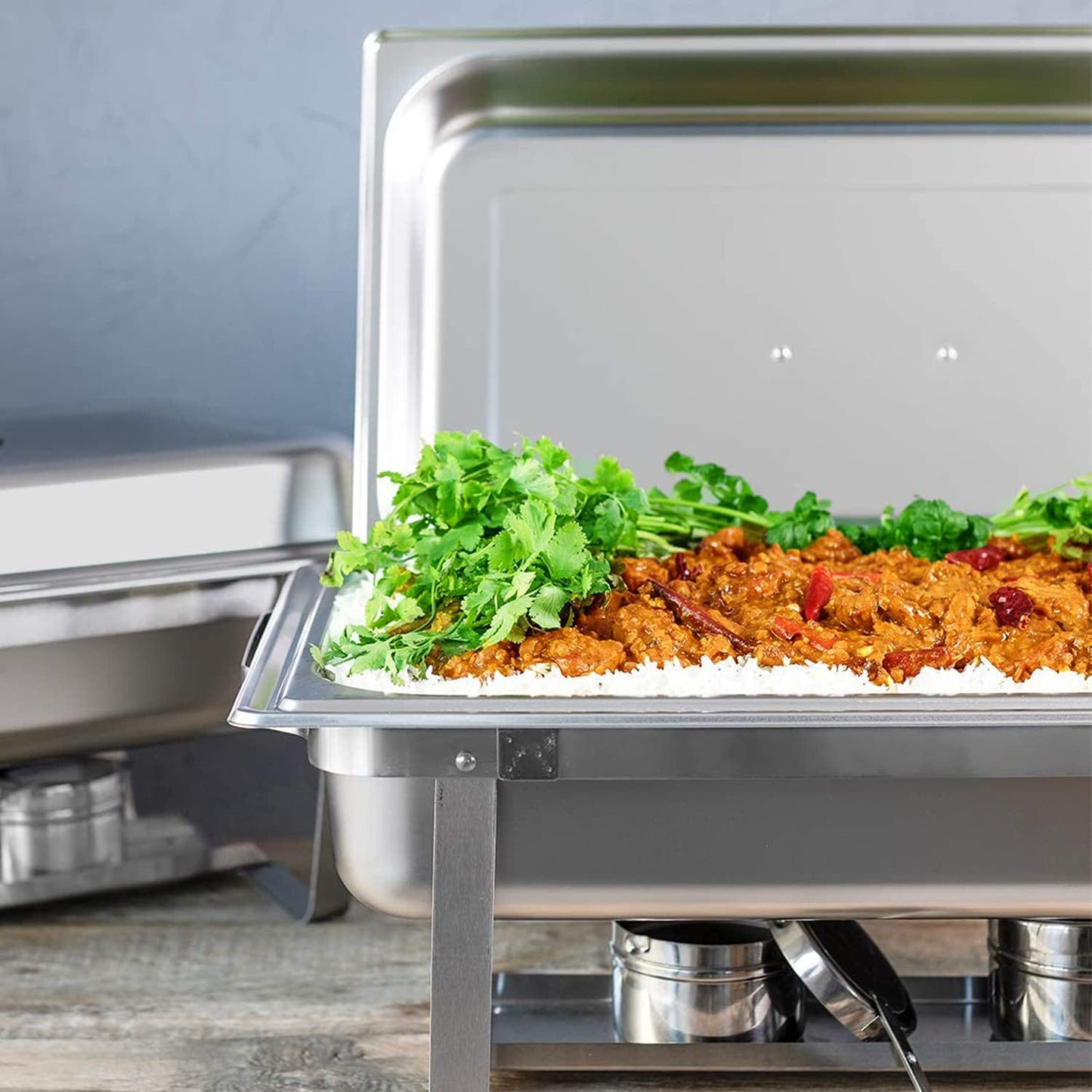 Alpha Living 4 Pack Chafing Dish Full Set – Stainless Steel Catering Chafer with Lids, Pans & Fuel Holders – Buffet Food Warmers for Parties, Events & Weddings – Alpine Gray Handles