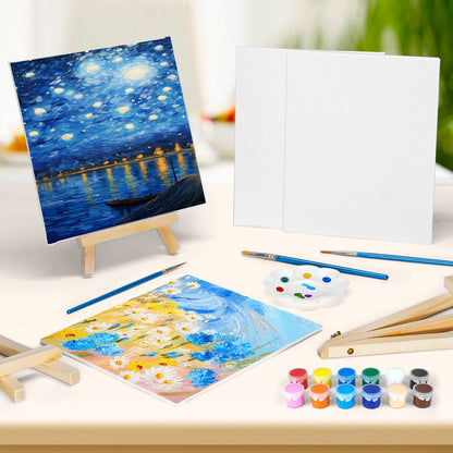 8 Pack 8 * 10In Canvas Boards for Painting, Art Canvas for Drawing with 16 Brushes & 8 Paint Trays & 16 Acrylic Paint, Mini Painting Canvas with Easel Set, Painting Kits for Adults Party