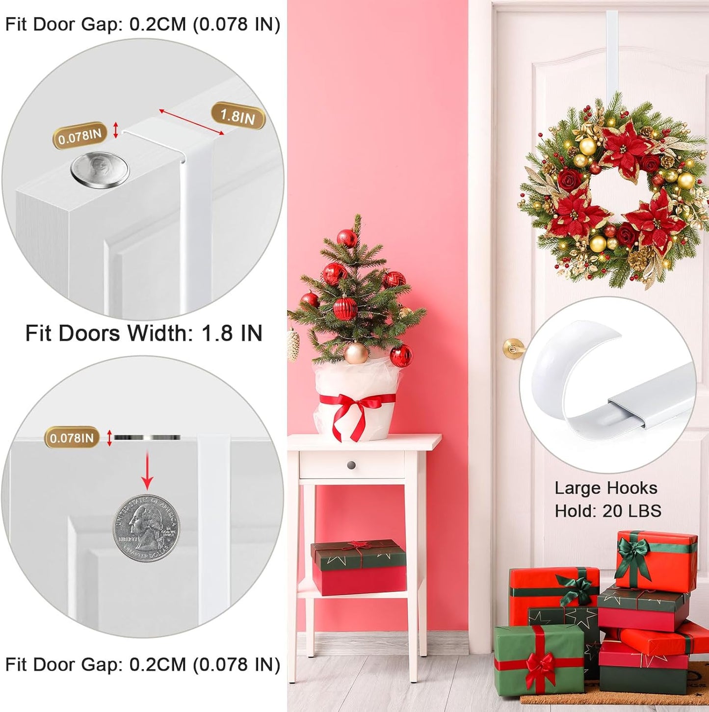 Wreath Hanger, Adjustable Length 14.9-25 Inch Metal Door Hanger for Front Door, 20 lbs Larger Christmas Wreaths