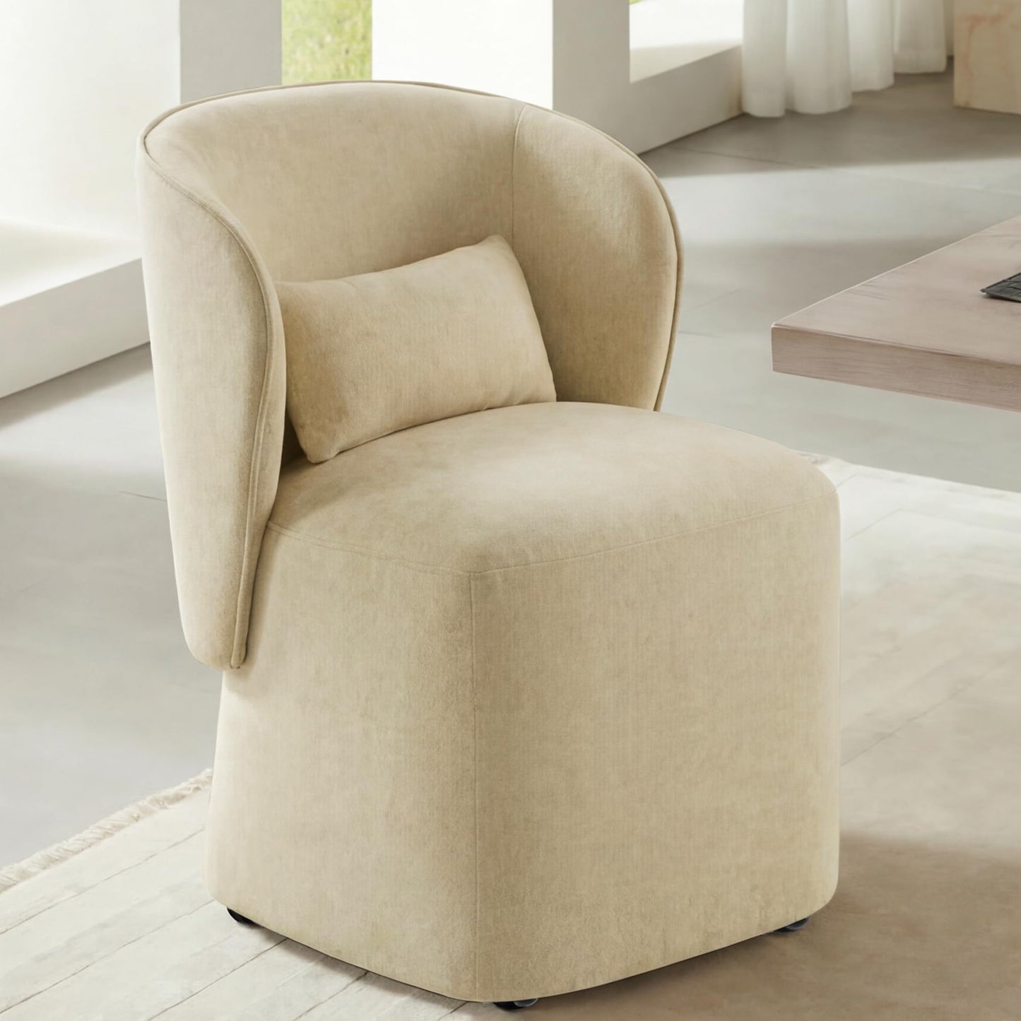 KISLOT Upholstered Dining Chairs with Wheels, Easy Assembly Stain Resistant Fabric Modern Barrel Armchair with Lumbar Cushion, Dining Room Chairs for Kitchen Living Room Bedroom, Sand, Set of 4