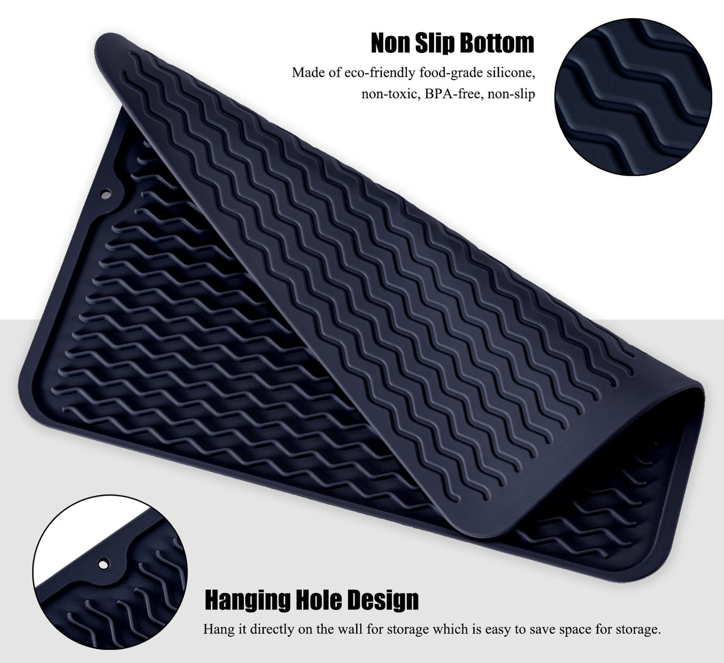 Silicone Dish Drying Mat for Multiple Usage, Easy clean, Eco-friendly, Heat-resistant Dish Drainer Mat for Kitchen Counter,Sink,Refrigerator or Drawer liner (16" x 12", Dark Blue)