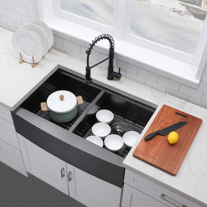 VCCUCINE 33 Inch Gunmetal Black Double Farmhouse Sink, 33X22 Double Bowl Farmhouse Kitchen Sink, 16 Gauge 50/50 Stainless Steel Apron Front Farm Sink, Workstation Farmer Sink With Accessories