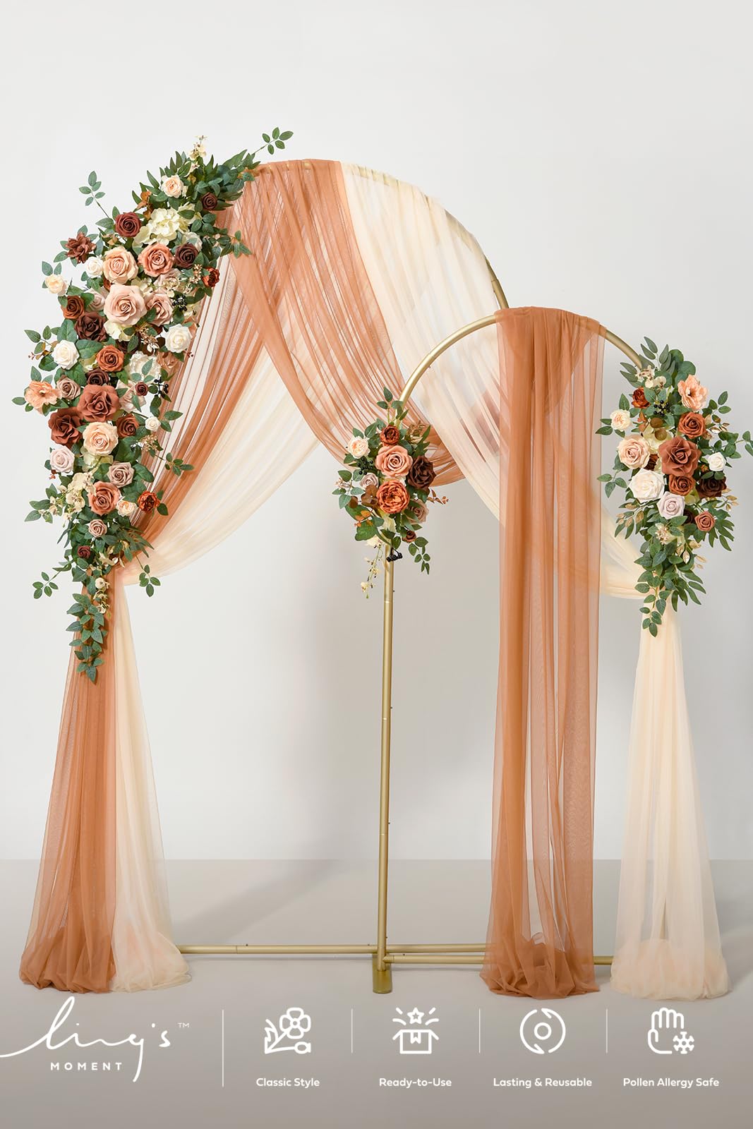 Ling's moment Wedding Arch Backdrop Stand with Flowers - 7.2FT, 6FT Set of 2 Metal Arch Frame with Drape for Ceremony Decor - Artificial Floral Birthday Party, Bridal Shower, Terracotta Orange