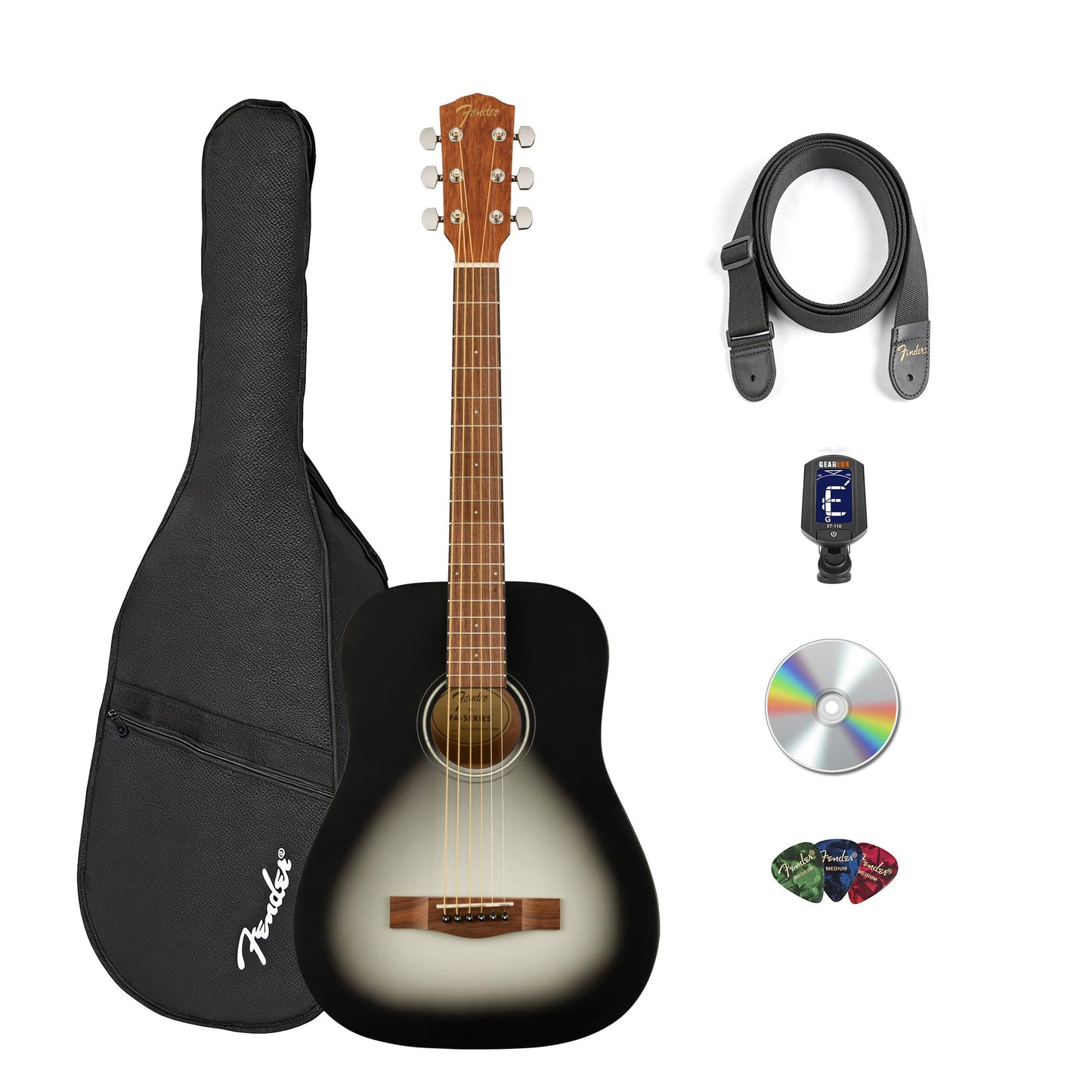 Fender FA-15 3/4-Scale Kids Steel String Acoustic Guitar - Moonlight Burst Bundle with Gig Bag, Tuner, Strap, Picks, and Austin Bazaar Instructional DVD