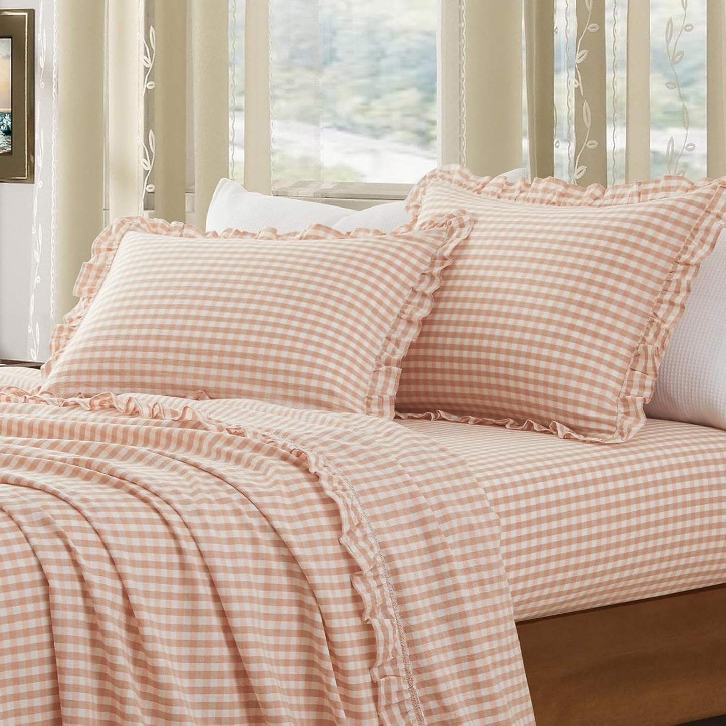 2 20x30 Inch, KKJIAF Pcs Plaid Ruffle Pillow Case Queen Size, Cotton Gingham Ruffled Euro Sham Pillow Covers Linen Feel