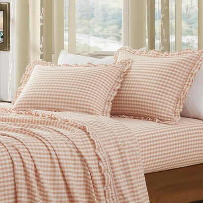 2 20x30 Inch, KKJIAF Pcs Plaid Ruffle Pillow Case Queen Size, Cotton Gingham Ruffled Euro Sham Pillow Covers Linen Feel