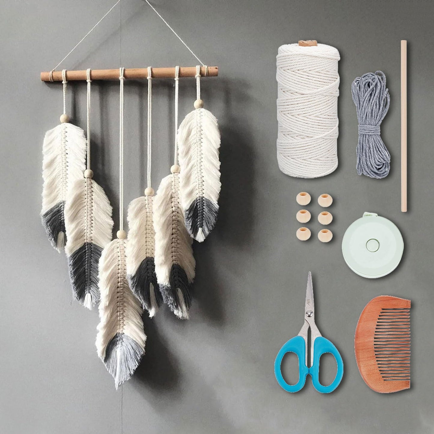 ORIGACH DIY Macrame Feather Wall Hanging Kit Boho White and Dark Gray Feather Tapestry Macrame Kit for Adults Beginner Handmade Rustic Macrame Feathers Leaf Wall Hanger Decor for Living Room Bedroom