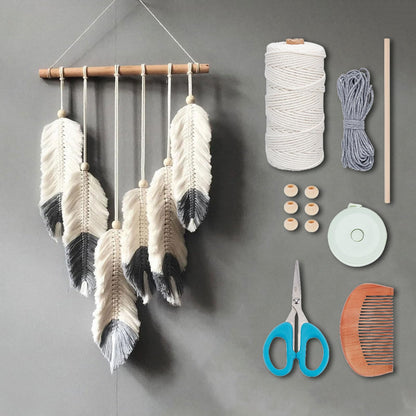 ORIGACH DIY Macrame Feather Wall Hanging Kit Boho White and Dark Gray Feather Tapestry Macrame Kit for Adults Beginner Handmade Rustic Macrame Feathers Leaf Wall Hanger Decor for Living Room Bedroom