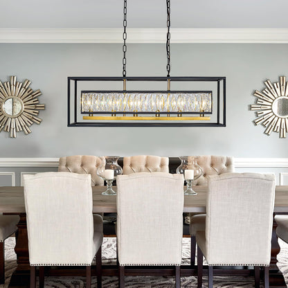 Vezzio Modern Crystal Chandelier for Dining Room 6-Light Luxury Black and Gold Rectangle Contemporary Hanging Adjustable Pendant Light Fixture Over Table for Kitchen Island, L35 Inch