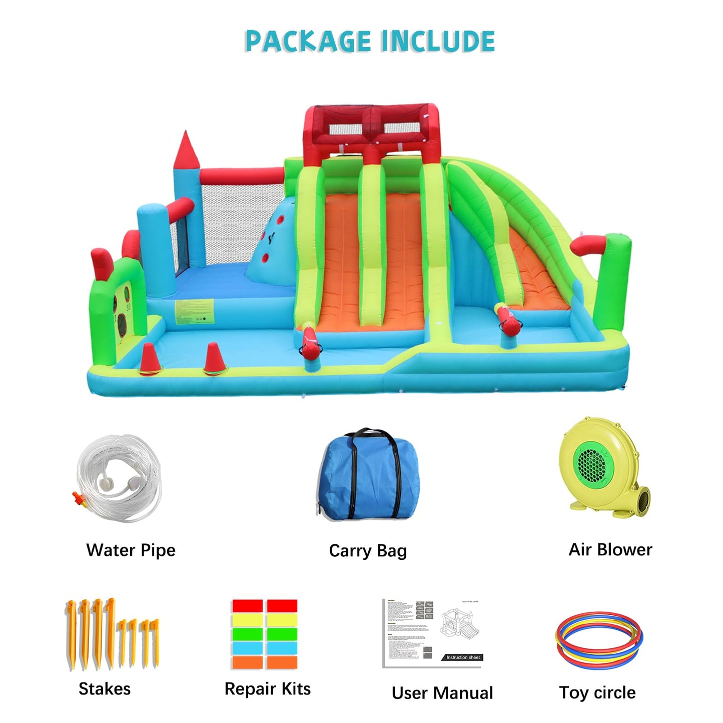 JOOLOOG Giant Inflatable Water Slide Park & Bounce House, 10-in-1 Combo with 3 Slides, Bounce Zone, 2 Pools for Kids