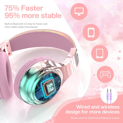 QearFun Kids Bluetooth Headphones, 60H Playtime, 74/85/94dB Safe Volume Limit, Metallic Gradient Wireless Headset with HD Mic, Fast Charging, Foldable, Wired 3.5mm Mode for School/Tablet/Travels