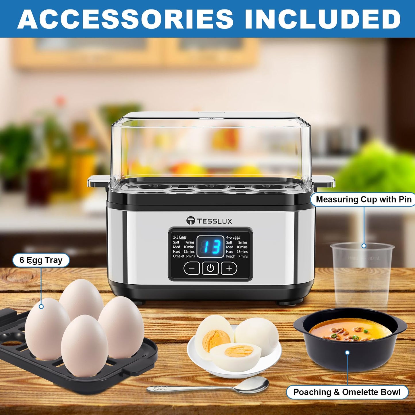 Tesslux Electric Rapid Egg Cooker, 6 Egg Capacity for Hard Boiled Eggs, Poached Eggs, Scrambled Eggs, or Omelets Maker with Auto Shut Off (Sliver)
