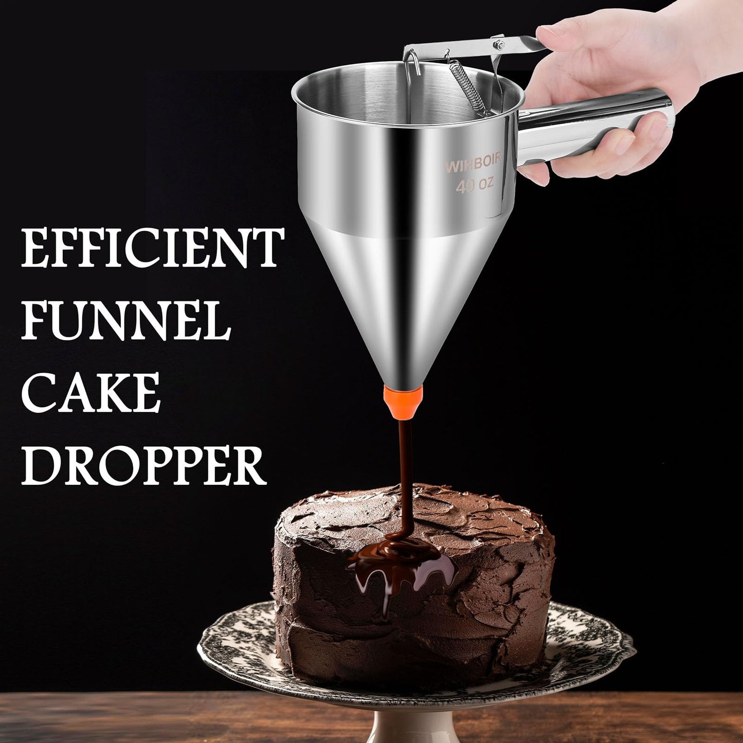 WIHBOIR Stainless Steel Pancake Batter Dispenser with Squeeze Handle and Multi-Nozzle, for Pancakes, Cupcakes, and Baked Goods. 40 oz