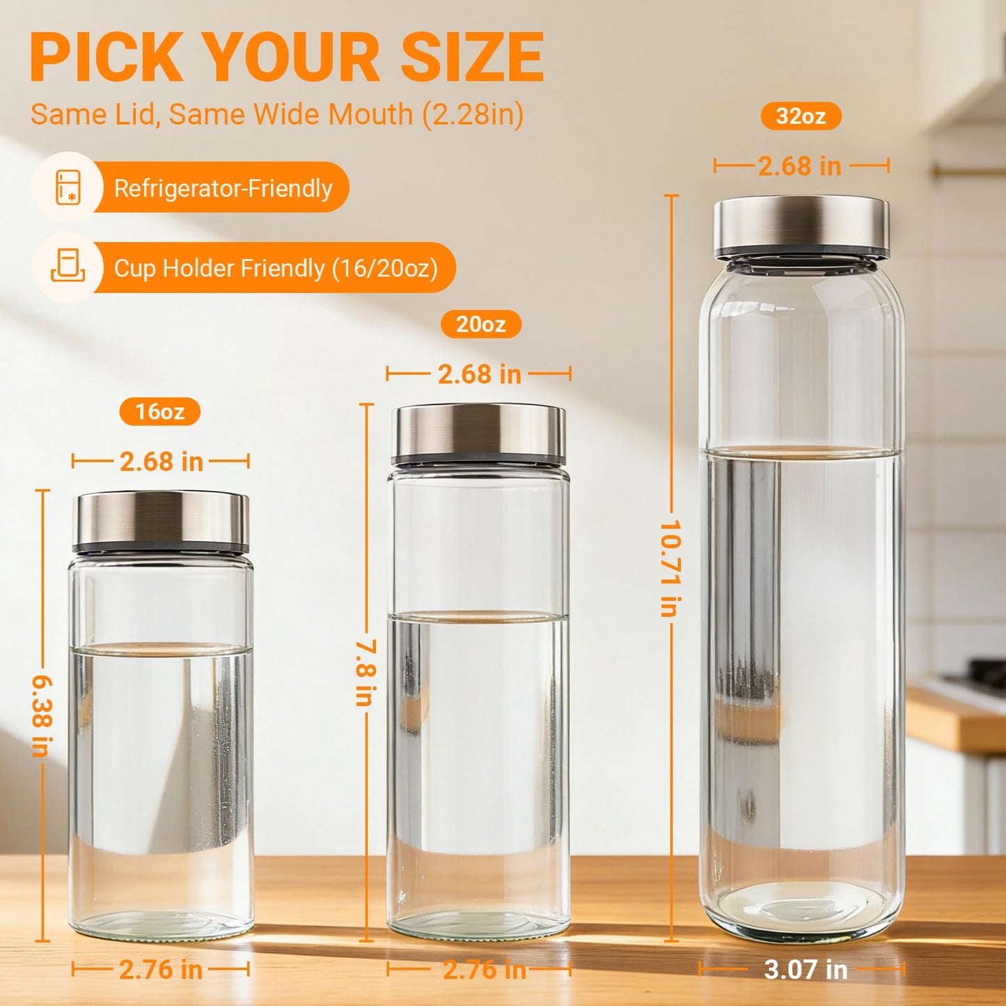 Cafezi 16 oz Wide Mouth Glass Juice Bottles with Stainless Steel Lids, Leakproof, Airtight, Reusable, Dishwasher Safe, Cup Holder Friendly, Brush Included, for Juicing, Smoothie, Infused Water, 4 Pack
