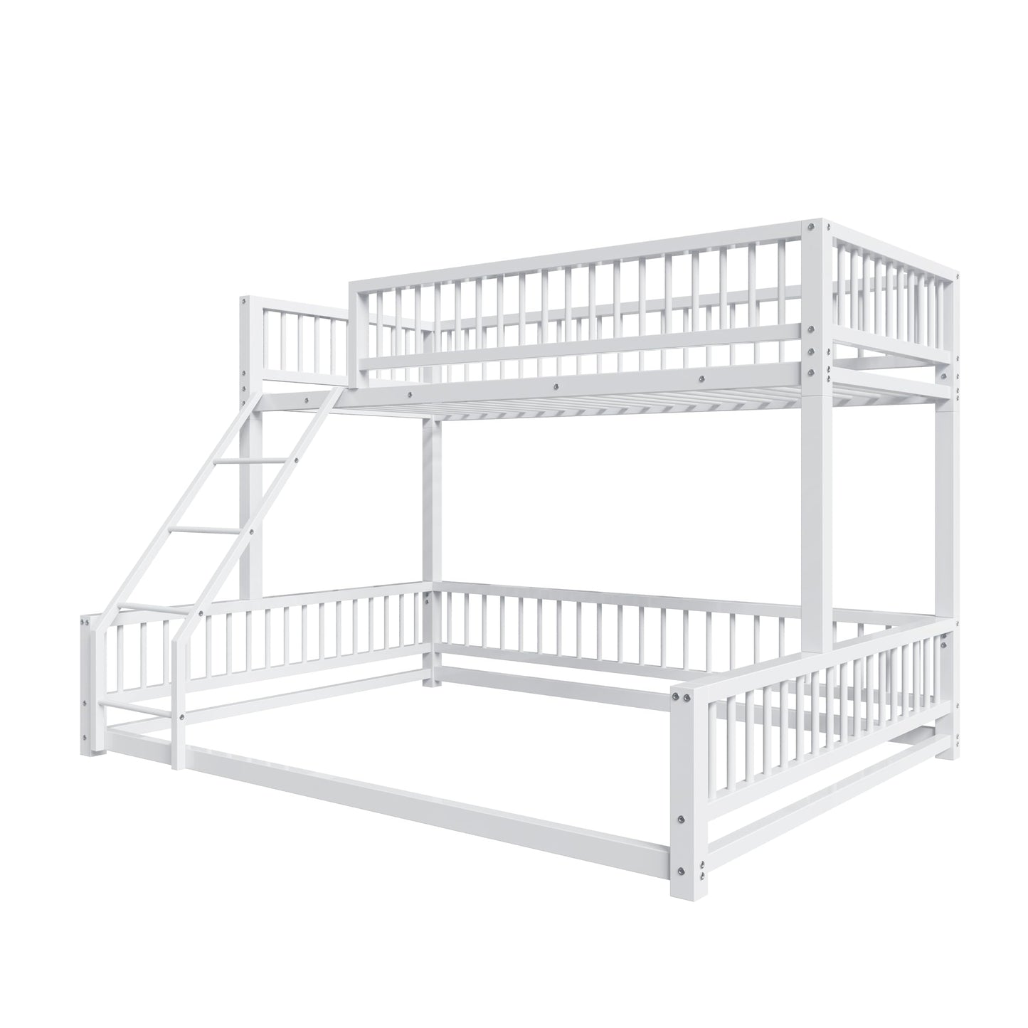 Bellemave Metal Twin XL Over Queen bunk Bed, Floor Twin XL Over Queen Bunk Bed Frame with Ladder and Safety Guardrails, White